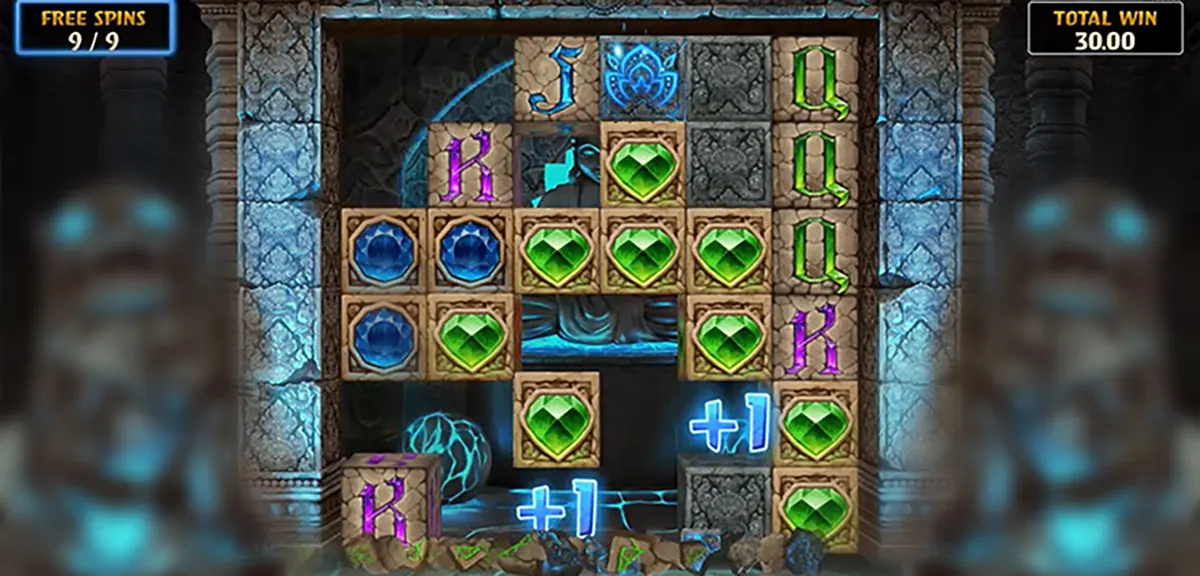 “Temple Tumble Megaways free spins screen showing a stone temple slot grid with emerald and sapphire gems, rune tiles, and glowing blue ‘+1’ modifiers, framed by carved pillars and a dark mystical chamber background.”