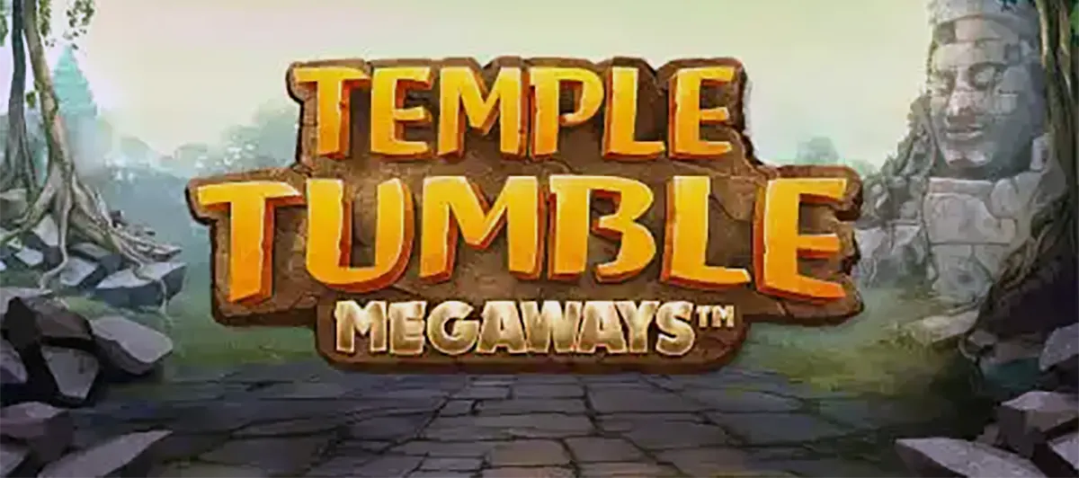 “Temple Tumble Megaways title screen showing large 3D gold lettering on a stone plaque, set against a misty jungle temple path with ancient ruins and carved stone faces in the background.”
